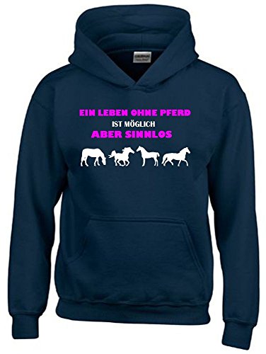 Coole-Fun-T-Shirts EIN Leben ohne Pferd ist möglich - Aber sinnlos ! ! Mädchen Reiten Sweatshirt mit Kapuze Hoodie Navy, Gr.140cm von Coole-Fun-T-Shirts