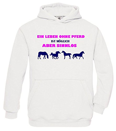 Coole-Fun-T-Shirts EIN Leben ohne Pferd ist möglich - Aber sinnlos ! ! Mädchen Reiten Sweatshirt mit Kapuze Hoodie Weiss, Gr.164cm von Coole-Fun-T-Shirts