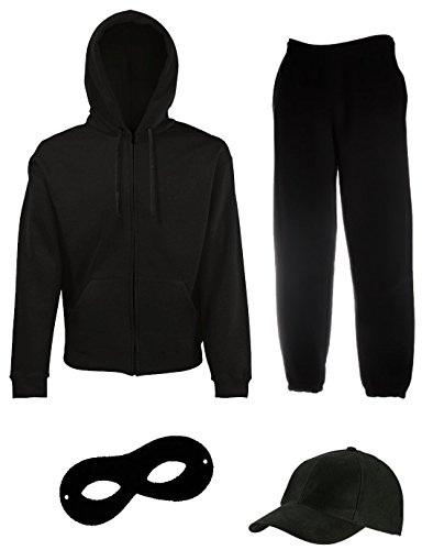 Coole-Fun-T-Shirts EINBRECHER Set Gangster Bande KOSTÜM - Fasching - Karneval - Sweatshirtjacke mit Kapuze, MÜTZE, Maske Gesamt 4 Teile Hose Jogginganzug - SCHWARZ Gr.L von Coole-Fun-T-Shirts