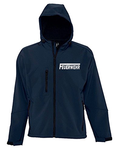 Feuerwehr Softshell Jacke mit Kapuze reflektierender Druck vorne + hinten Herren Navy Gr.L von coole-fun-t-shirts