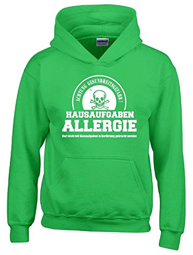 Coole-Fun-T-Shirts Hausaufgaben ALLERGIE - Vorsicht Gesundheitsgefahr ! Nicht mit Hausaufgaben in Verbindung bringen ! Kinder Sweatshirt mit Kapuze Hoodie Green-Weiss, Gr.152cm von Coole-Fun-T-Shirts