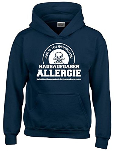 Coole-Fun-T-Shirts Hausaufgaben ALLERGIE - Vorsicht Gesundheitsgefahr ! Nicht mit Hausaufgaben in Verbindung bringen ! Kinder Sweatshirt mit Kapuze Hoodie Navy-Weiss, Gr.164cm von Coole-Fun-T-Shirts