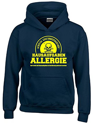 Hausaufgaben ALLERGIE - Vorsicht Gesundheitsgefahr ! Nicht mit Hausaufgaben in Verbindung bringen ! Kinder Sweatshirt mit Kapuze Hoodie Navy-gelb, Gr.152cm von Coole-Fun-T-Shirts