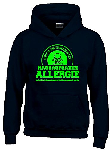 Coole-Fun-T-Shirts Hausaufgaben ALLERGIE - Vorsicht Gesundheitsgefahr ! Nicht mit Hausaufgaben in Verbindung bringen ! Kinder Sweatshirt mit Kapuze Hoodie schwarz-Green, Gr.140cm von Coole-Fun-T-Shirts