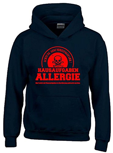Hausaufgaben ALLERGIE - Vorsicht Gesundheitsgefahr ! Nicht mit Hausaufgaben in Verbindung bringen ! Kinder Sweatshirt mit Kapuze Hoodie schwarz-rot, Gr.164cm von Coole-Fun-T-Shirts