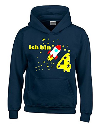 Coole-Fun-T-Shirts Ich Bin 4 Jahre ! - Kinder Geburtstag Rakete Sweatshirt mit Kapuze Hoodie Jungs Birthday Navy, Gr.128cm von Coole-Fun-T-Shirts