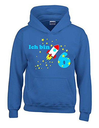 Coole-Fun-T-Shirts Ich Bin 6 Jahre ! - Kinder Geburtstag Rakete Sweatshirt mit Kapuze Hoodie Jungs Birthday blau, Gr.116cm von Coole-Fun-T-Shirts