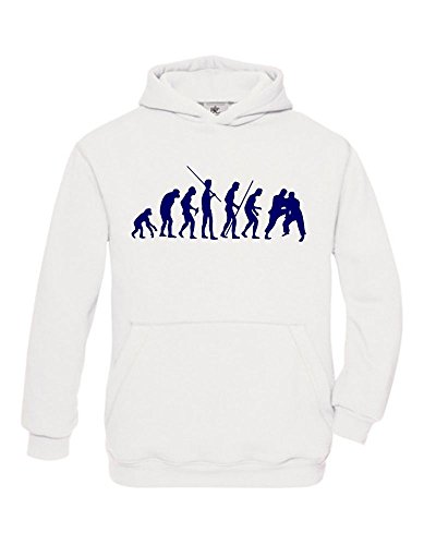 Coole-Fun-T-Shirts Judo Evolution Kinder Sweatshirt mit Kapuze Hoodie Weiss-Navy, Gr.128cm von Coole-Fun-T-Shirts