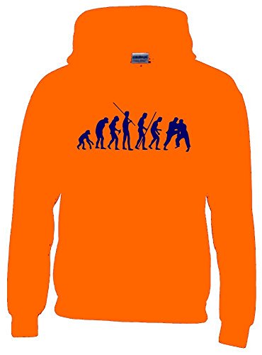 Coole-Fun-T-Shirts Judo Evolution Kinder Sweatshirt mit Kapuze Hoodie orange-Navy, Gr.152cm von Coole-Fun-T-Shirts