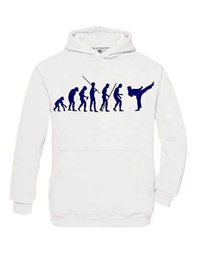 Coole-Fun-T-Shirts Karate Evolution Kinder Sweatshirt mit Kapuze Hoodie Weiss-Navy, Gr.164cm von Coole-Fun-T-Shirts