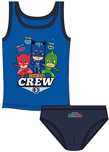 Coole-Fun-T-Shirts PJ MASK Unterwäsche Set Jungen PJ Heroes Crew Hellgrau + dunkelblau Gekko, Catboy + Owlette Unterhose + Unterhemd Gr.98 104 116 128 (Dunkelblau, 110) von Coole-Fun-T-Shirts