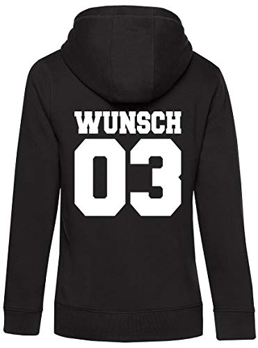 Coole-Fun-T-Shirts Partnerlook mit Wunschname & Wunschnummer INDIVIDUALISIERBAR – Hoodie Damen Schwarz-Weiss Gr.M von Coole-Fun-T-Shirts