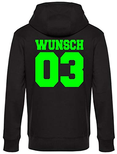 Coole-Fun-T-Shirts Partnerlook mit Wunschname & Wunschnummer INDIVIDUALISIERBAR – Hoodie Herren Schwarz-neongrün Gr.XL von Coole-Fun-T-Shirts