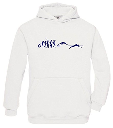 Schwimmen Evolution Kinder Sweatshirt mit Kapuze Hoodie Weiss-Navy, Gr.140cm von Coole-Fun-T-Shirts