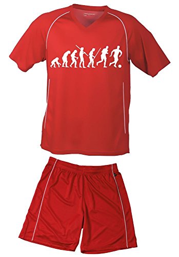 Coole-Fun-T-Shirts TRIKOTSET mit DEINEM Namen + Nummer ! Fussball Evolution Kinder Trikot + Hose rot-rot, 134-140 von Coole-Fun-T-Shirts