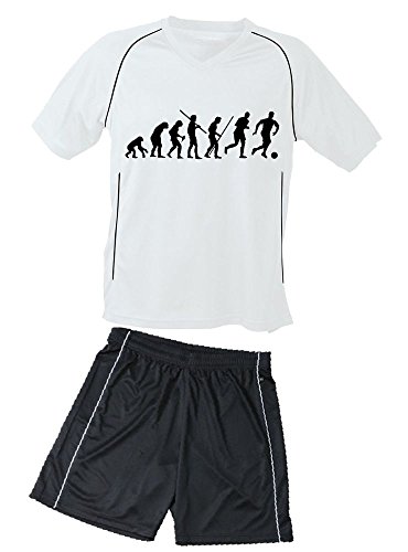 Coole-Fun-T-Shirts Trikotset Fussball Evolution Kinder Trikot + Hose Weiss-schwarz, Kids 98-104 cm von Coole-Fun-T-Shirts