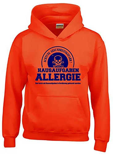 Coole-Fun-T-Shirts Hausaufgaben ALLERGIE - Vorsicht Gesundheitsgefahr ! Nicht mit Hausaufgaben in Verbindung bringen ! Kinder Sweatshirt mit Kapuze Hoodie orange-Navy, Gr.152cm von Coole-Fun-T-Shirts