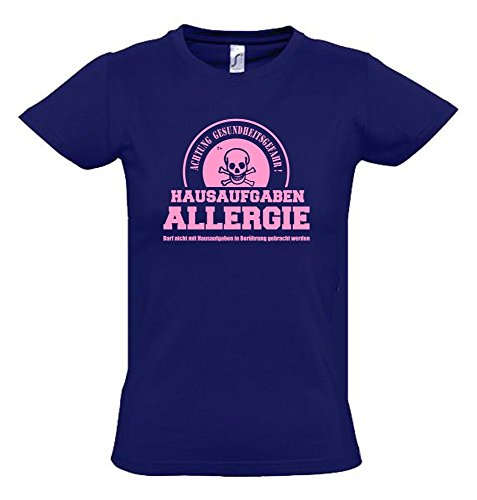 Hausaufgaben ALLERGIE - Vorsicht Gesundheitsgefahr ! Nicht mit Hausaufgaben in Verbindung bringen ! Kinder T-Shirt Navy-Pink, Gr.164cm von Coole-Fun-T-Shirts