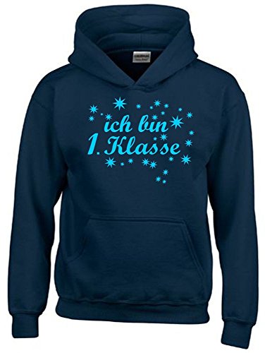 Ich Bin 1. Klasse Jungen Einschulung Schulanfang Hoodie Sweatshirt mit Kapuze Navy-Sky, Gr.128cm von Coole-Fun-T-Shirts
