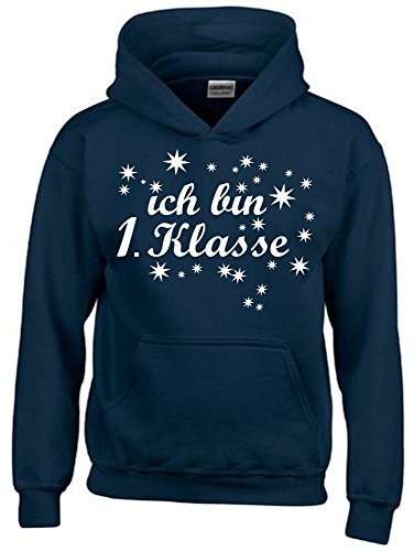Ich Bin 1. Klasse Mädchen Einschulung Schulanfang Hoodie Sweatshirt mit Kapuze Navy-Weiss, Gr.128cm von Coole-Fun-T-Shirts