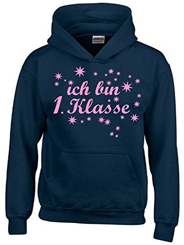 Ich Bin 1. Klasse Mädchen Einschulung Schulanfang Hoodie Sweatshirt mit Kapuze Navy-pink, Gr.140cm von Coole-Fun-T-Shirts