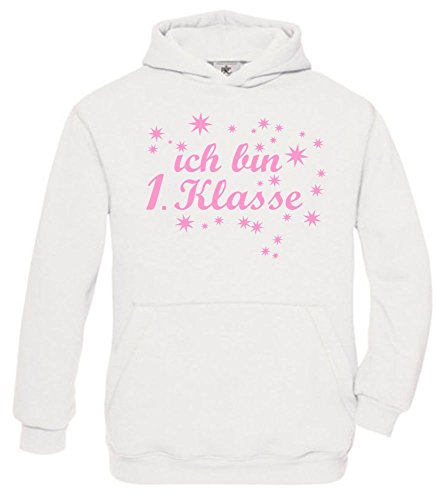 Ich Bin 1. Klasse Mädchen Einschulung Schulanfang Hoodie Sweatshirt mit Kapuze Weiss-pink, Gr.128cm von Coole-Fun-T-Shirts