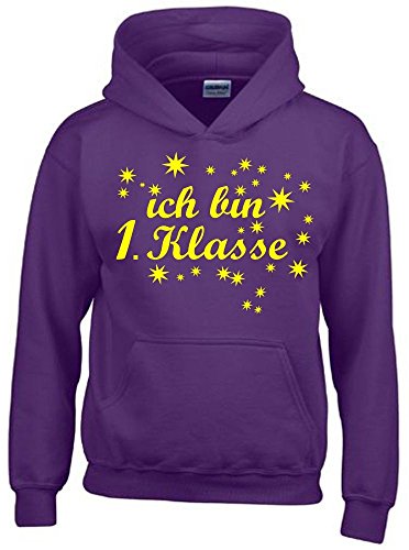 Ich Bin 1. Klasse Mädchen Einschulung Schulanfang Hoodie Sweatshirt mit Kapuze lila-gelb, Gr.128cm von Coole-Fun-T-Shirts