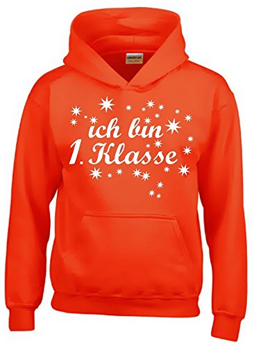 Ich Bin 1. Klasse Mädchen Einschulung Schulanfang Hoodie Sweatshirt mit Kapuze orange-Weiss, Gr.128cm von Coole-Fun-T-Shirts