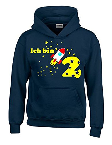 Coole-Fun-T-Shirts Ich Bin 2 Jahre ! - Kinder Geburtstag Rakete Sweatshirt mit Kapuze Hoodie Jungs Birthday Navy, Gr.96cm von Coole-Fun-T-Shirts