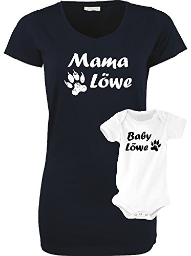 Mama LÖWE + Baby LÖWE Long T-Shirt + Strampler - Set zur Geburt Mutter und Baby - ! Weiss Strampler Long T-Shirt schwarz Gr.M von Coole-Fun-T-Shirts