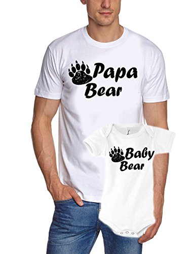 Papa Bear + Baby Bear T-Shirt + Strampler - Set zur Geburt Vater und Baby - Papa Papabear + BABYBEAR ! Weiss+Weiss Strampler T-Shirt Gr.L von Coole-Fun-T-Shirts