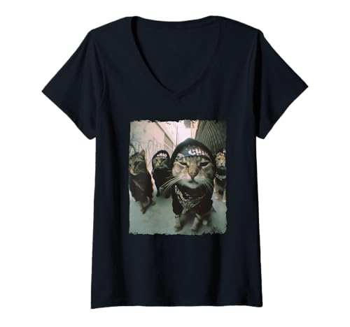Damen Gangster Katzen Streetwear Cooles Katzenmotiv Lustig T-Shirt mit V-Ausschnitt Damen Gangster Katzen Streetwear Cooles Katzenmotiv Lustig T-Shirt mit V-Ausschnitt von Coole Gangster Katzen Motive Cat Fans Frau Mann