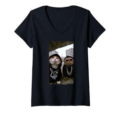 Damen Gangster Katzen Streetwear Cooles Katzenmotiv Lustig T-Shirt mit V-Ausschnitt Damen Gangster Katzen Streetwear Cooles Katzenmotiv Lustig T-Shirt mit V-Ausschnitt von Coole Gangster Katzen Motive Cat Fans Frau Mann