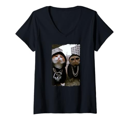 Damen Gangster Katzen Streetwear Cooles Katzenmotiv Lustig T-Shirt mit V-Ausschnitt Damen Gangster Katzen Streetwear Cooles Katzenmotiv Lustig T-Shirt mit V-Ausschnitt von Coole Gangster Katzen Motive Cat Fans Frau Mann