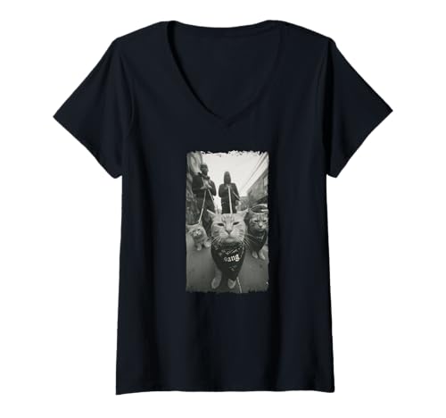 Damen Gangster Katzen Streetwear Cooles Katzenmotiv Lustig T-Shirt mit V-Ausschnitt Damen Gangster Katzen Streetwear Cooles Katzenmotiv Lustig T-Shirt mit V-Ausschnitt von Coole Gangster Katzen Motive Cat Fans Frau Mann