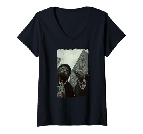 Damen Gangster Katzen Streetwear Cooles Katzenmotiv Lustig T-Shirt mit V-Ausschnitt Damen Gangster Katzen Streetwear Cooles Katzenmotiv Lustig T-Shirt mit V-Ausschnitt von Coole Gangster Katzen Motive Cat Fans Frau Mann