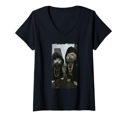 Damen Gangster Katzen Streetwear Cooles Katzenmotiv Lustig T-Shirt mit V-Ausschnitt Damen Gangster Katzen Streetwear Cooles Katzenmotiv Lustig T-Shirt mit V-Ausschnitt von Coole Gangster Katzen Motive Cat Fans Frau Mann