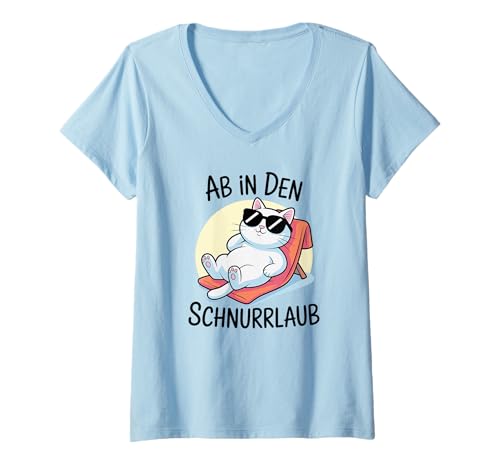 Damen Ab in den Schnurrlaub Urlaubs Katze Strand Sonnen Katzen T-Shirt mit V-Ausschnitt Damen Ab in den Schnurrlaub Urlaubs Katze Strand Sonnen Katzen T-Shirt mit V-Ausschnitt von Coole Katzen Sommer Urlaub Strand Humor