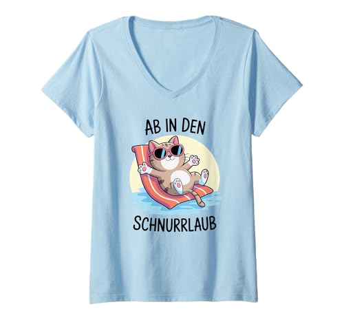 Damen Ab in den Schnurrlaub Urlaubs Katze Strand Sonnen Katzen T-Shirt mit V-Ausschnitt Damen Ab in den Schnurrlaub Urlaubs Katze Strand Sonnen Katzen T-Shirt mit V-Ausschnitt von Coole Katzen Sommer Urlaub Strand Humor