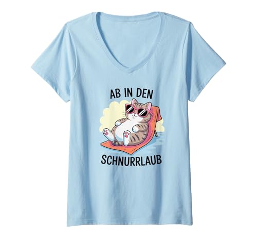 Damen Ab in den Schnurrlaub Urlaubs Katze Strand Sonnen Katzen T-Shirt mit V-Ausschnitt Damen Ab in den Schnurrlaub Urlaubs Katze Strand Sonnen Katzen T-Shirt mit V-Ausschnitt von Coole Katzen Sommer Urlaub Strand Humor