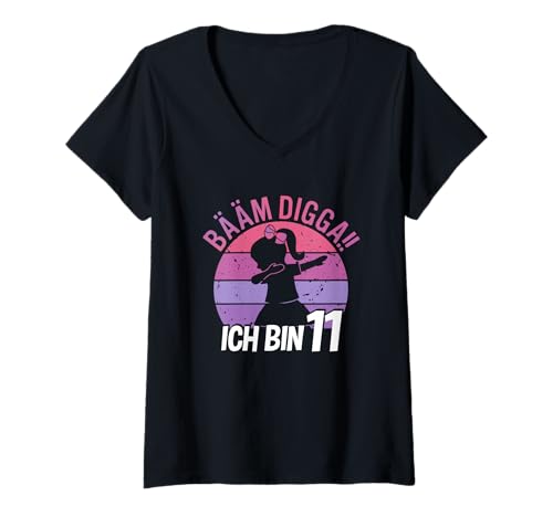Damen Mädchen Tanzen Bääm Digga Ich Bin 11 Jahre Dab Geburtstag T-Shirt mit V-Ausschnitt von Coole Kindergeburtstag Dabbing Motto Geschenkidee