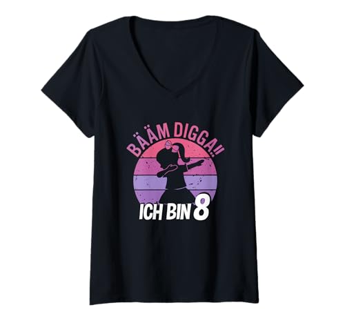 Damen Mädchen Tanzen Bääm Digga Ich bin 8 Jahre Dab Geburtstag T-Shirt mit V-Ausschnitt von Coole Kindergeburtstag Dabbing Motto Geschenkidee