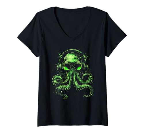 Damen Cool Oktopus DJ Festival Outfit House Musik EDM Techno Rave T-Shirt mit V-Ausschnitt von Coole Kleidung Mit Aufdruck Teenager Jungen Männer