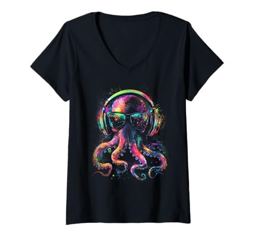 Damen Cool Oktopus DJ Festival Outfit House Musik EDM Techno Rave T-Shirt mit V-Ausschnitt von Coole Kleidung Mit Aufdruck Teenager Jungen Männer