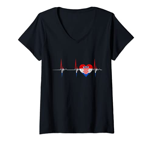 Damen Kroatien Herz Kroate Herzschlag EKG Puls Hrvatska Stolz T-Shirt mit V-Ausschnitt von Coole Kroatien Flagge Kroaten