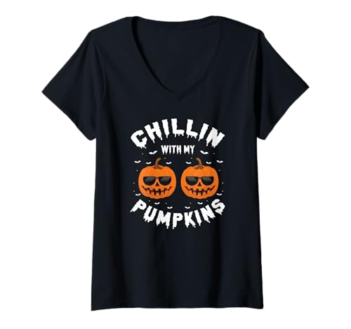 Damen Lustiger Halloween Kürbis Sonnenbrillen Spaß T-Shirt mit V-Ausschnitt Damen Lustiger Halloween Kürbis Sonnenbrillen Spaß T-Shirt mit V-Ausschnitt von Coole Kürbisse Herbst Halloween Stimmung
