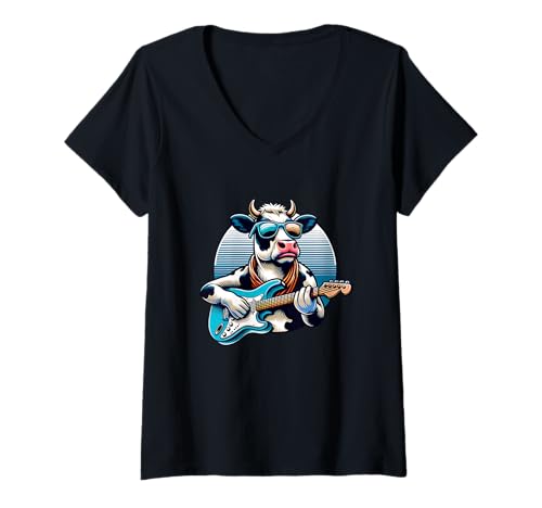 Damen E-Gitarre Spielende Coole Kuh T-Shirt mit V-Ausschnitt Damen E-Gitarre Spielende Coole Kuh T-Shirt mit V-Ausschnitt von Coole Kuh Mit E-Gitarre Für Musikfans