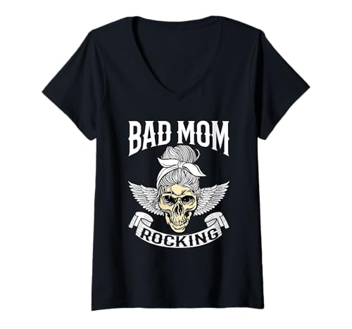 Damen Mutter Bad Mom Rocking Mama T-Shirt mit V-Ausschnitt Damen Mutter Bad Mom Rocking Mama T-Shirt mit V-Ausschnitt von Coole Mutter Sprüche
