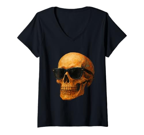 Damen Cooler Schädel mit Sonnenbrille Kunst T-Shirt mit V-Ausschnitt Damen Cooler Schädel mit Sonnenbrille Kunst T-Shirt mit V-Ausschnitt von Coole Schädel Kunst Lustige Geschenkidee Mann Frau