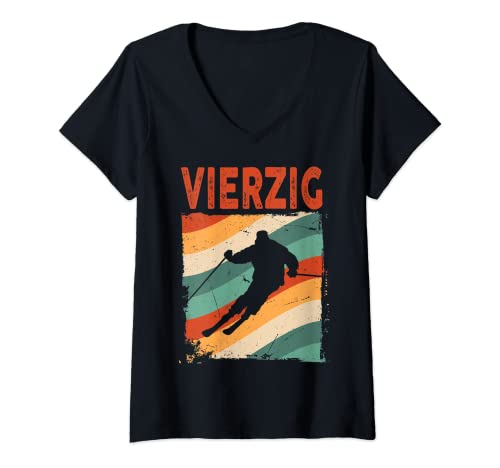 Damen 40. Geburtstag Geschenk Jungs Cooles Vintage Ski Fahrer T-Shirt mit V-Ausschnitt von Coole Ski Geburtstagsgeschenke für Jungen Kinder